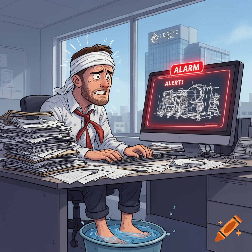 A stressed male engineer with a headache, soaking his feet in a bucket under a messy office desk, looks at an 'ALARM' on his computer. Digital cartoon style.