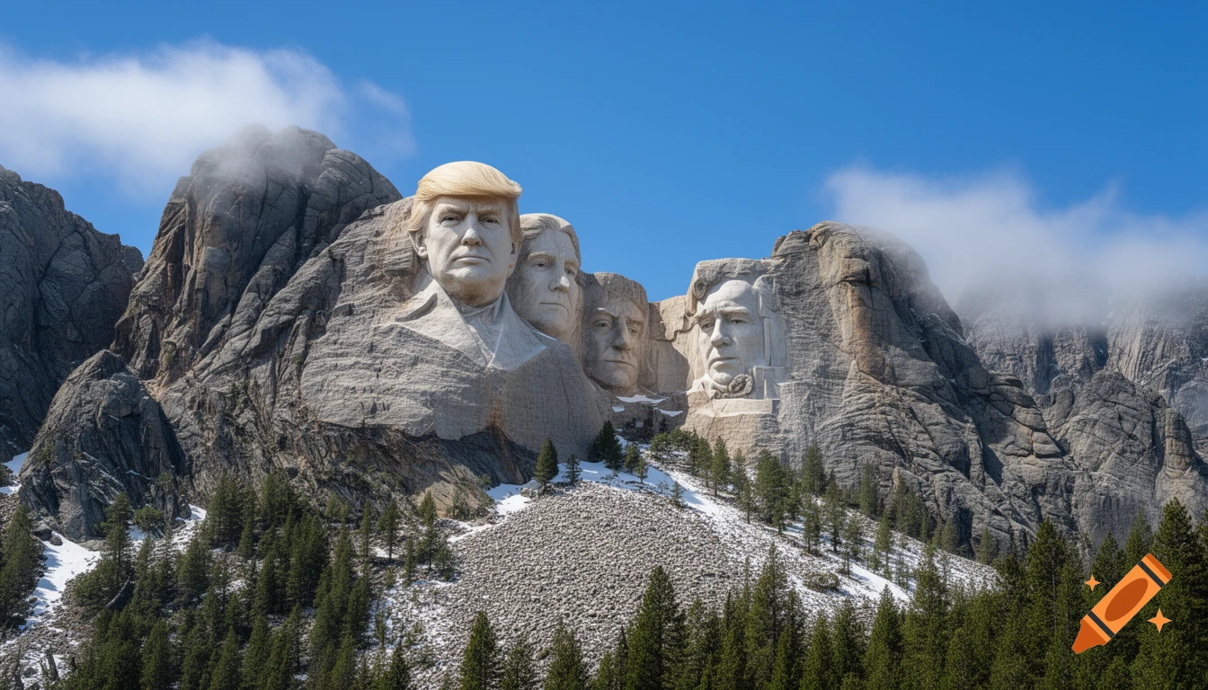 Mount Rushmore-style carving featuring Donald Trump and other figures on a rocky mountain with pine trees under a blue sky.