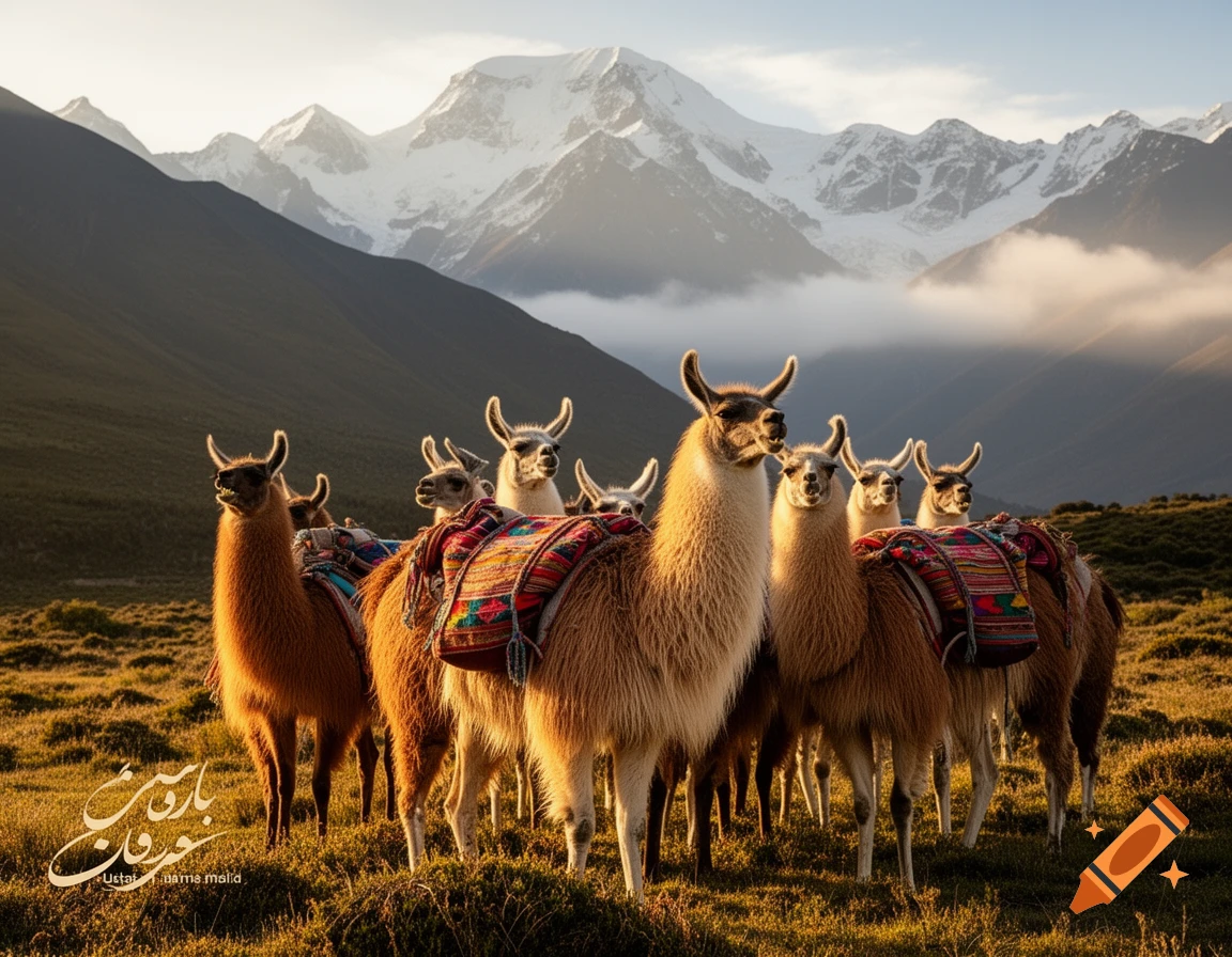 A group of fluffy llamas with decorative saddles stands in a sunny grassy field with towering snow-capped mountains in the background.