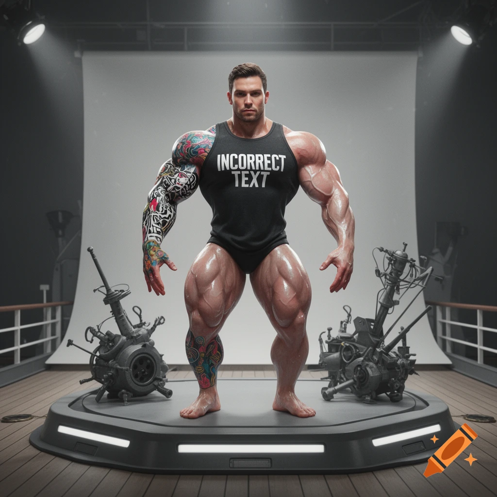 A heavily muscled bodybuilder in a black tank top reading 'INCORRECT TEXT' and trunks stands on a futuristic platform.