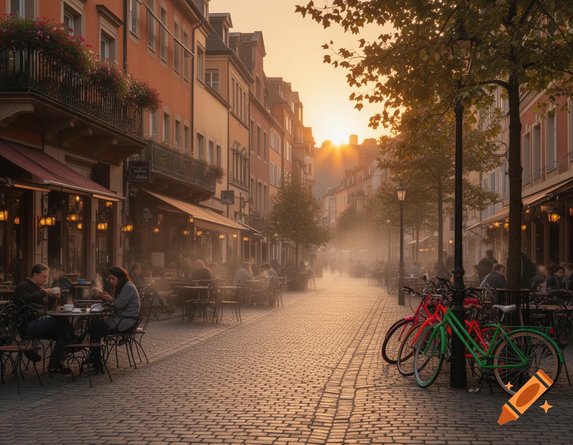 Photorealistic image of a European cobblestone street lined with outdoor cafes at sunrise, with people dining and bicycles parked in warm light.