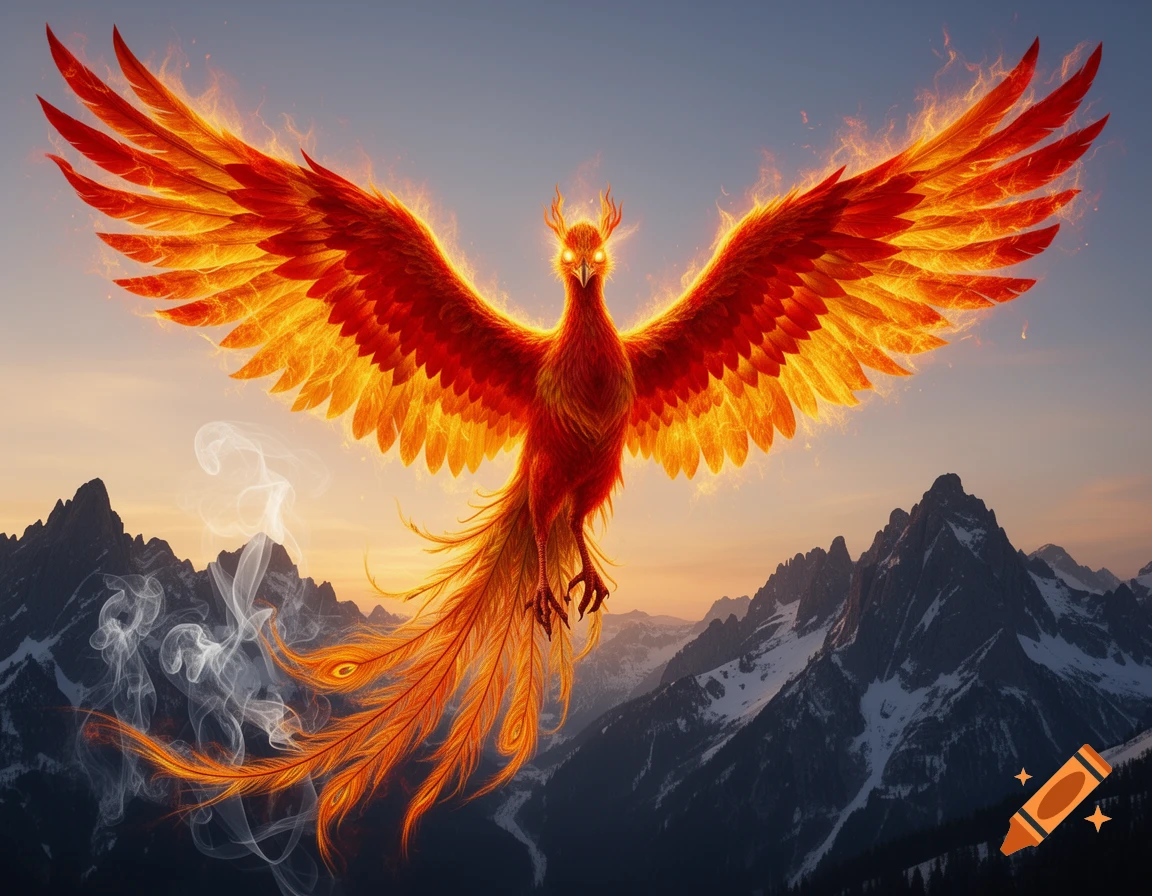 A majestic, fiery phoenix with bright red and orange wings soars over snow-capped mountains against a sunset sky.