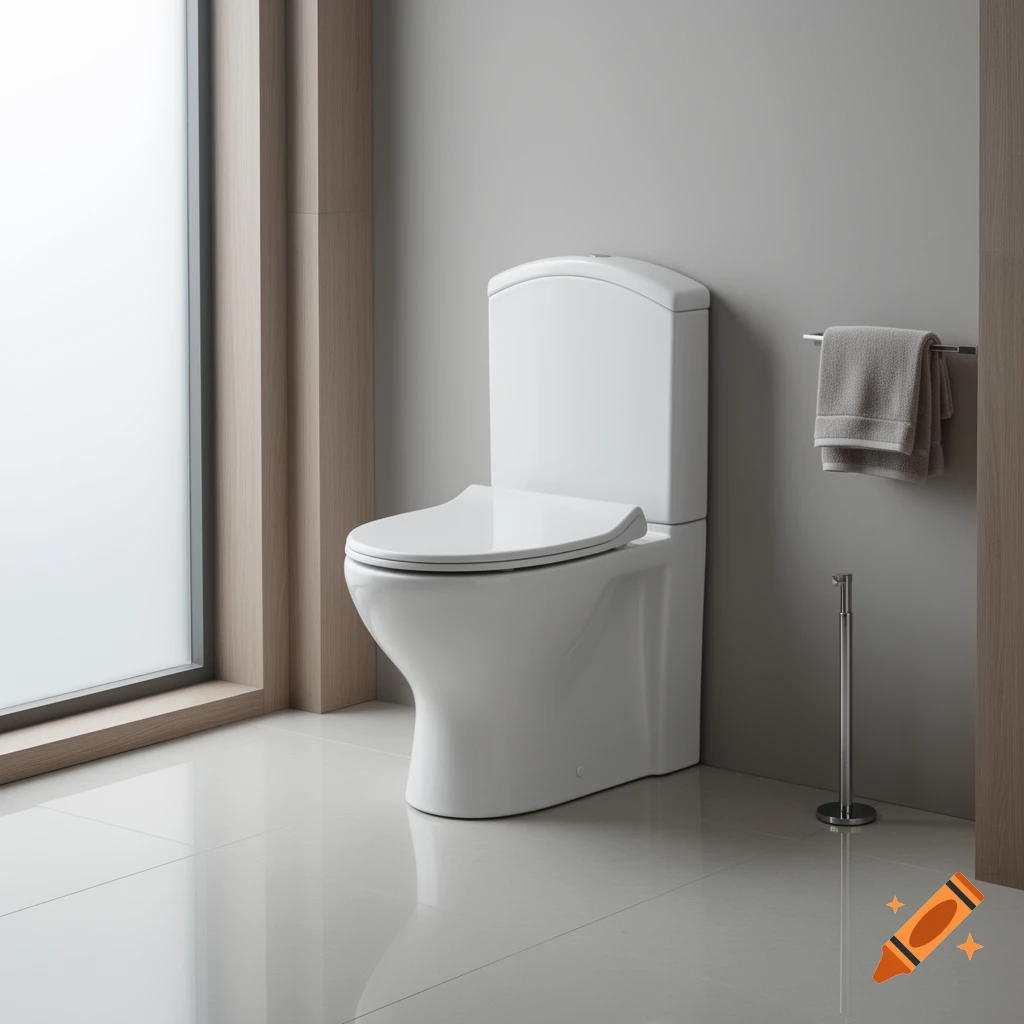 A modern white toilet with the lid down in a bathroom with light gray walls, white tiled floor, and a frosted window.