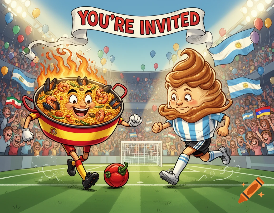 Cartoon paella and ice cream characters playing soccer in a stadium, with a 'YOU'RE INVITED' banner.