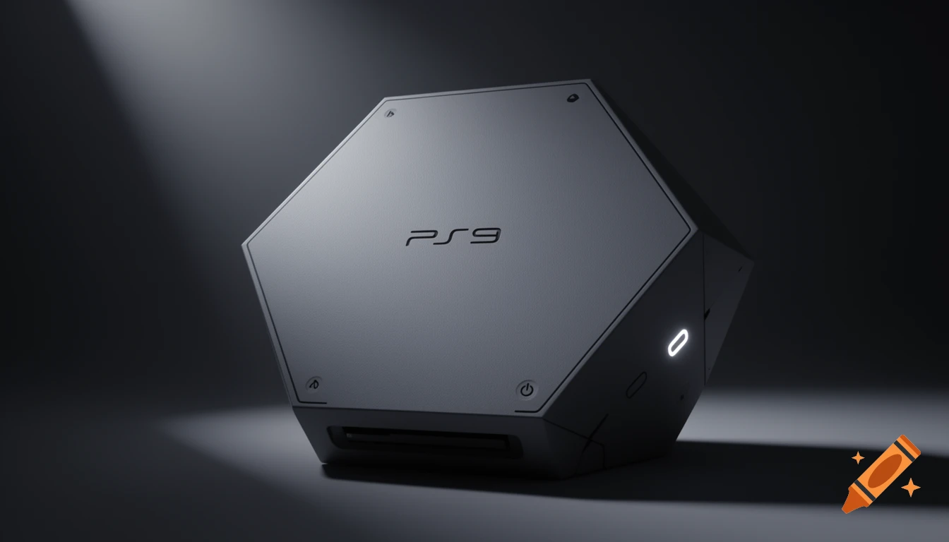 A futuristic, grey dodecahedron-shaped 'PS9' gaming console with a white glowing light, illuminated by a faint light from the top left on a dark background.
