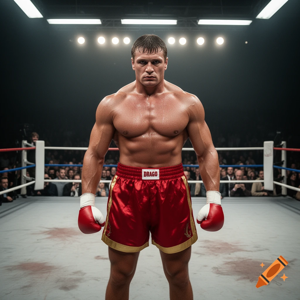 A muscular boxer, Ivan Drago, stands intensely in a boxing ring with a crowd watching.