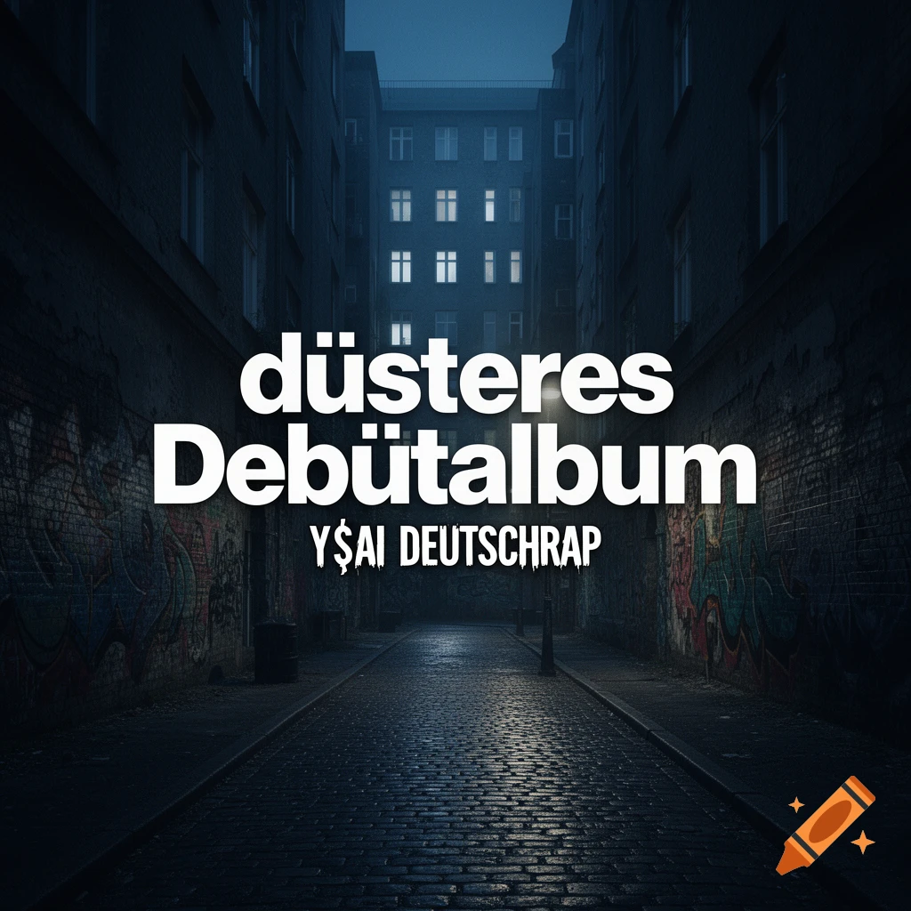 Album cover for 'Y$AI DEUTSCHRAP's düsteres Debütalbum' featuring a dark, gloomy urban alleyway.