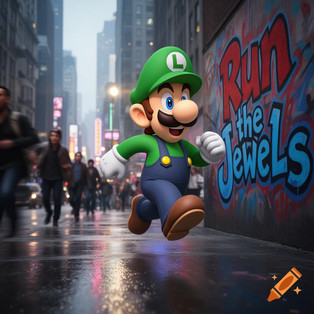 Luigi runs on a wet city street past a wall with 'RUN the Jewels' graffiti.
