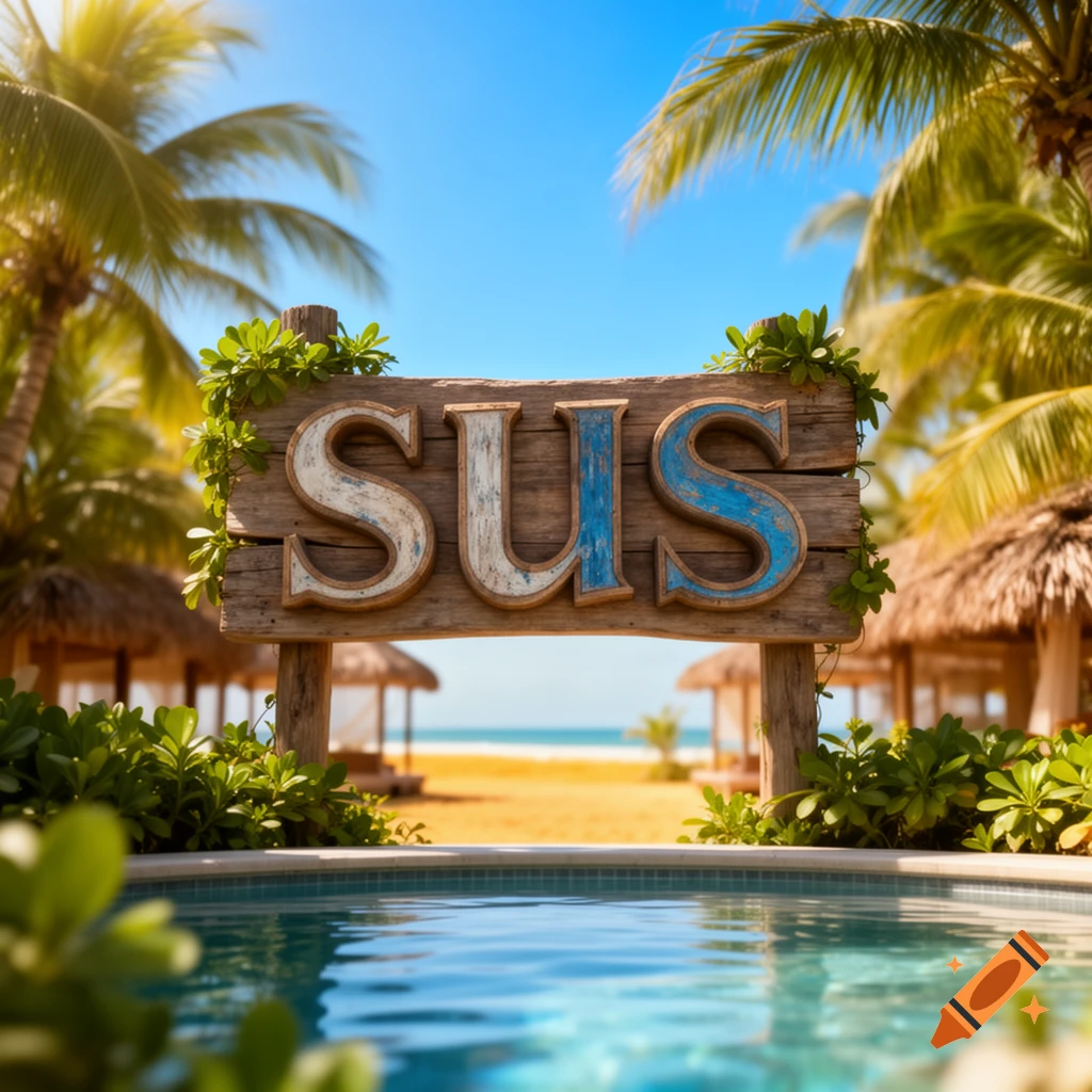 A wooden sign with 'SUS' stands by a swimming pool at a tropical beach resort with palm trees.
