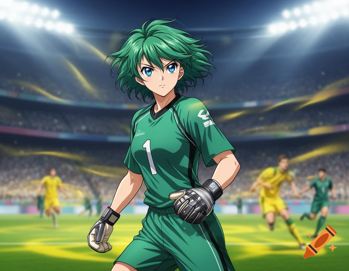 An anime girl with green hair and blue eyes wears a green soccer goalkeeper uniform with the number 1, standing in a brightly lit stadium.