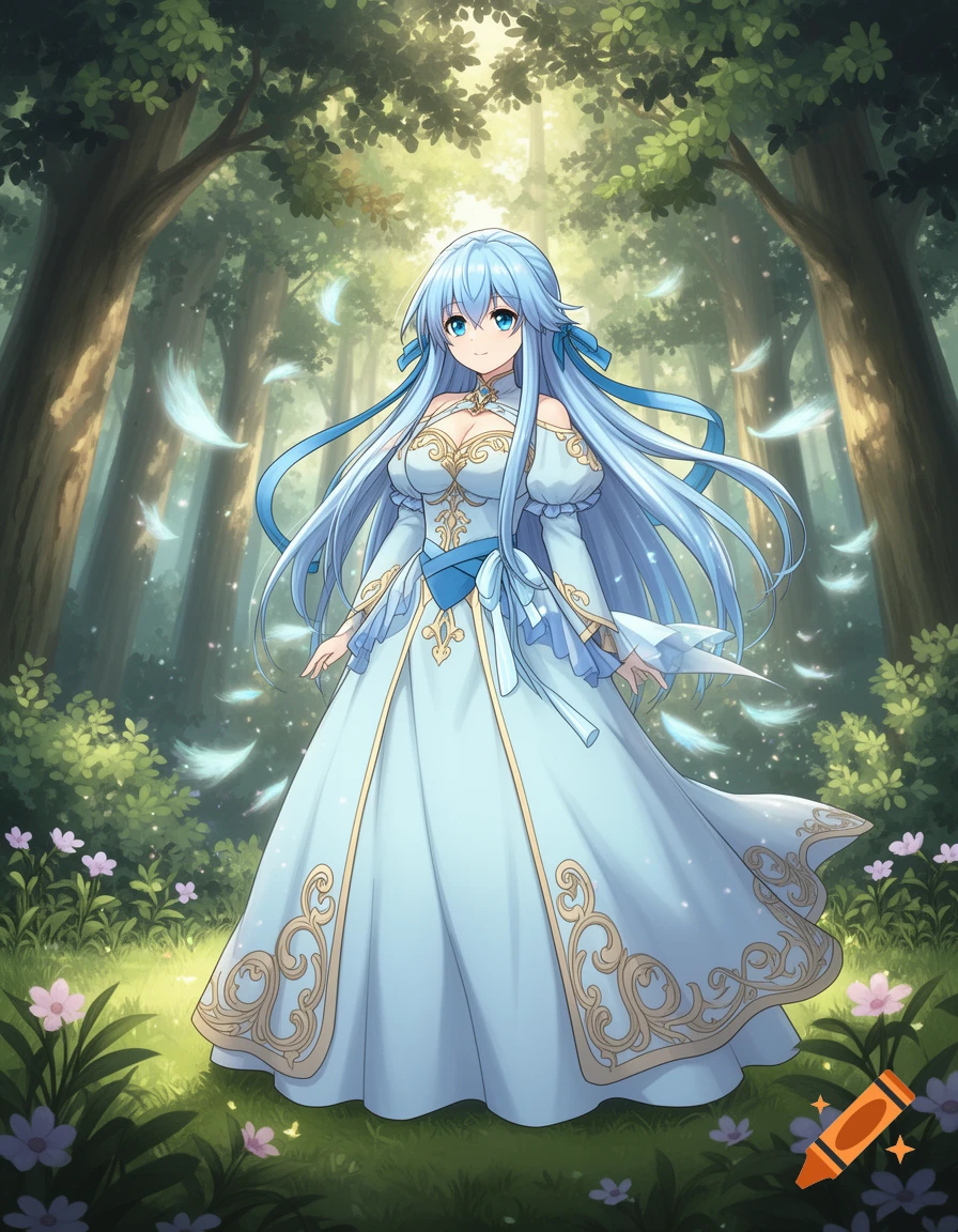 Anime girl with long blue hair, wearing an elegant light blue and gold dress, standing in a magical forest with floating feathers.