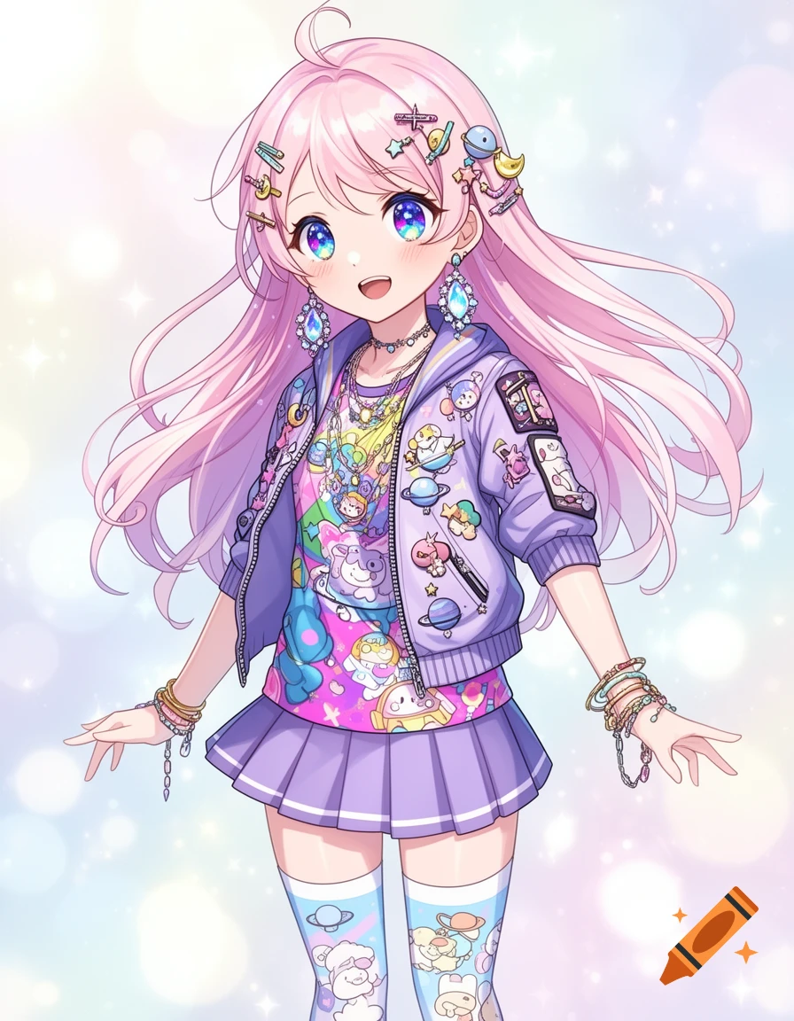 A cute anime girl with long pink hair, large blue eyes, and many colorful accessories, wearing a purple jacket, skirt, and patterned socks.