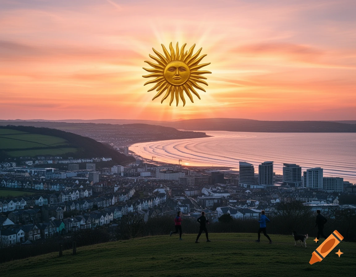 A stylized sun from the Argentinian flag shines over Swansea city at sunrise, with people jogging on a grassy hill.