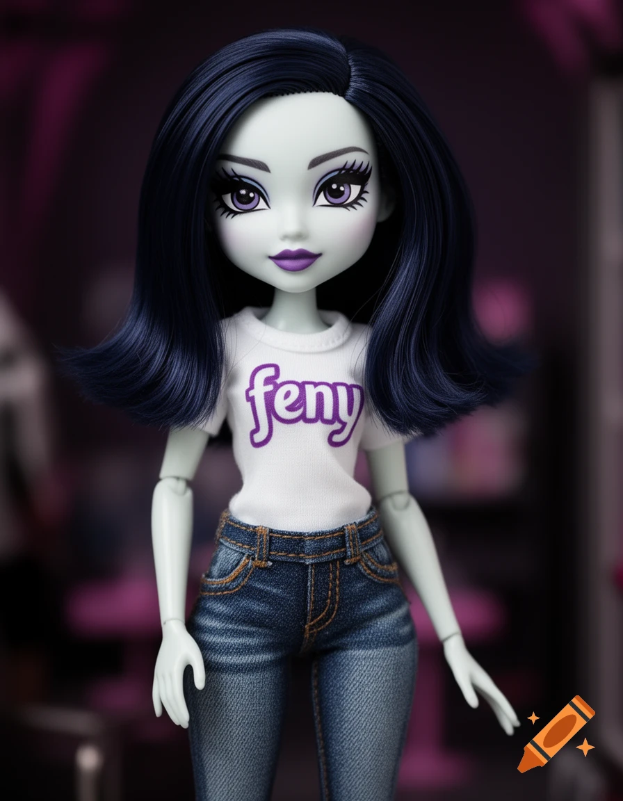 Photorealistic Monster High-style doll with pale skin, dark blue hair, white t-shirt with 'feny' text, and blue jeans.