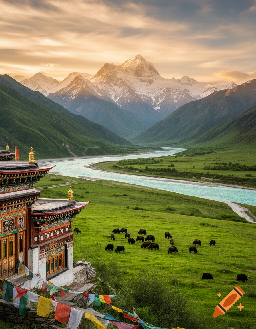 A photorealistic image of a temple with prayer flags overlooking a lush valley, turquoise river, grazing yaks, and snow-capped mountains at sunset.