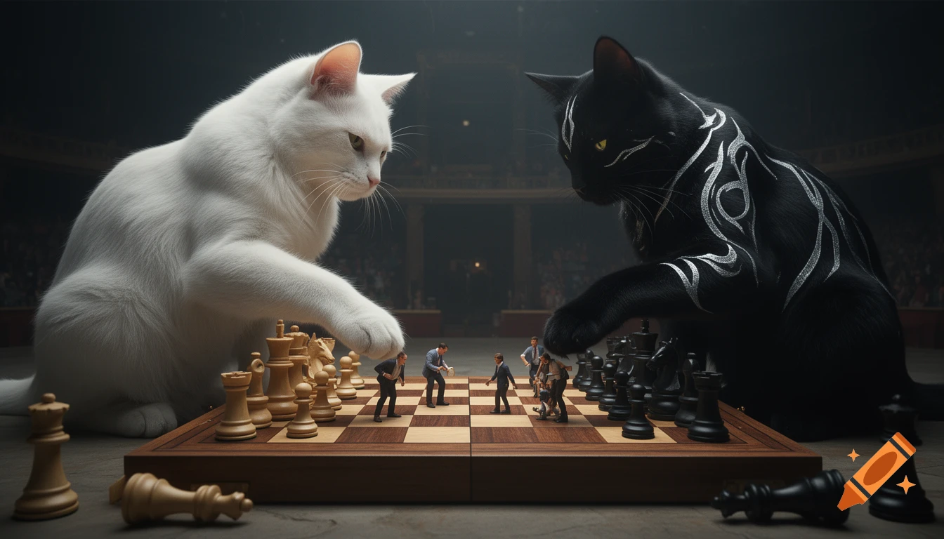 Two giant cats, one white and one black with silver markings, play chess with tiny human figures on a large chessboard in a dramatic arena.