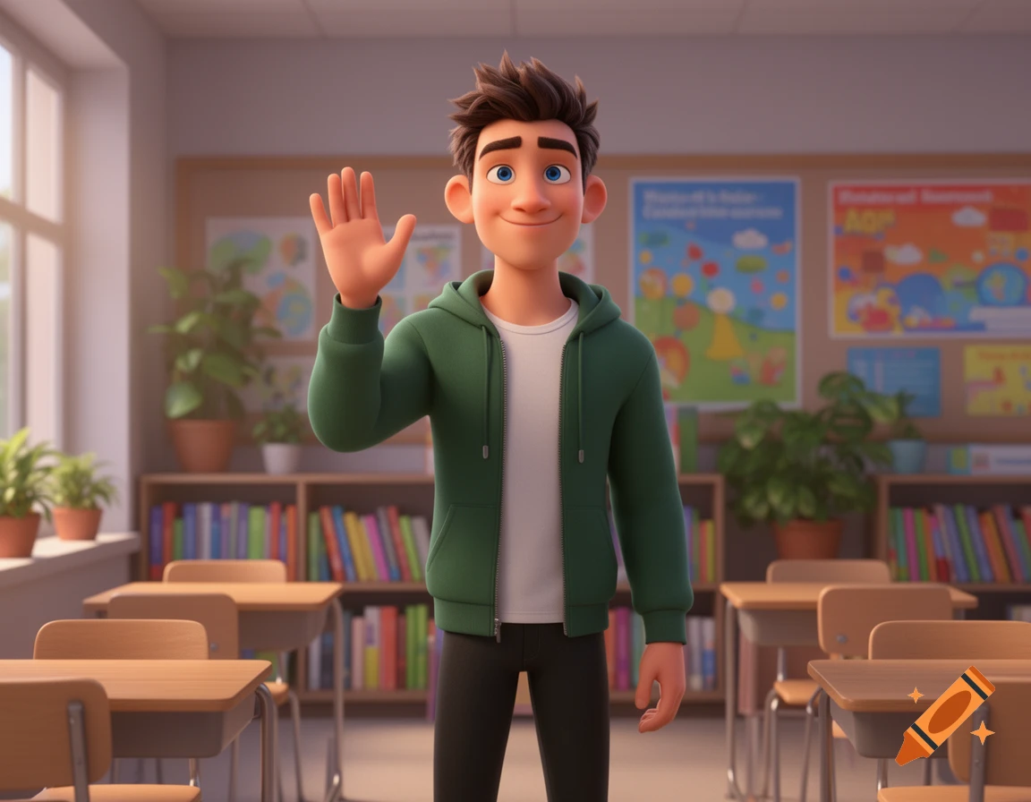 A smiling 3D animated young man in a green hoodie waves in a classroom with desks and bookshelves.