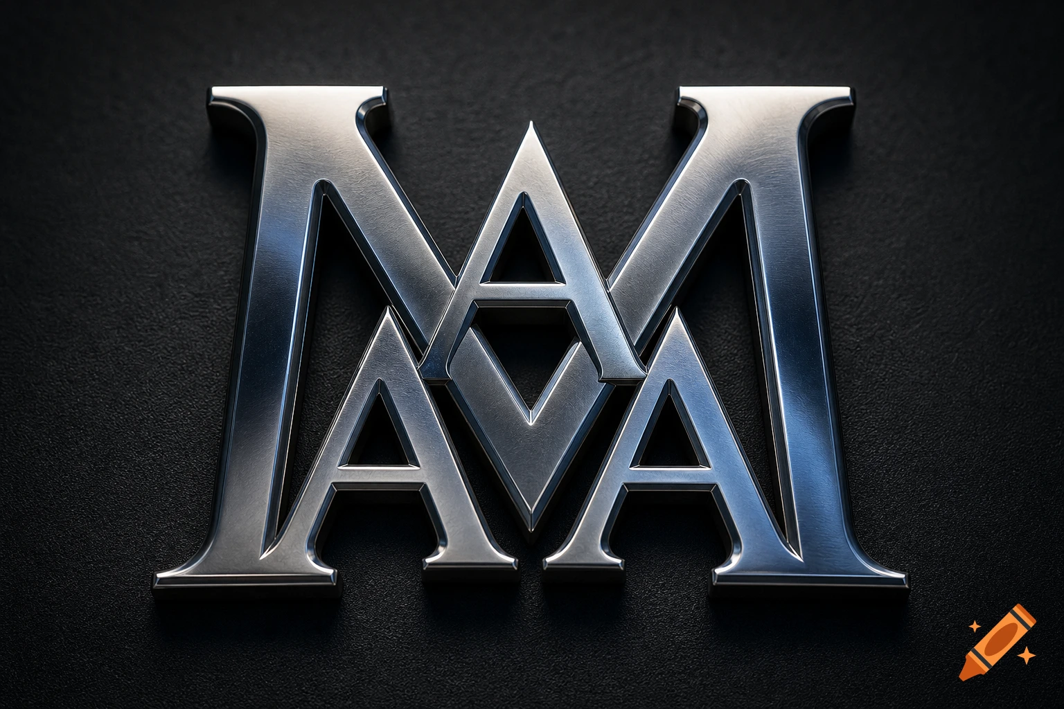 A close-up of a shiny brushed metal letter 'M' composed of multiple 'A' shapes, set against a dark textured background.