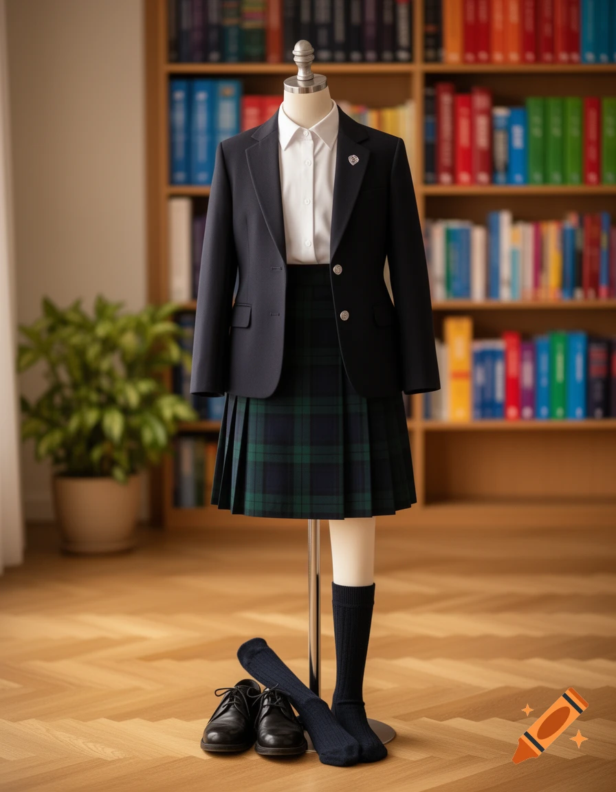 Photorealistic image of a school uniform on a mannequin, featuring a dark blazer, white shirt, green plaid skirt, black socks, and black shoes, set against a library bookshelf background.