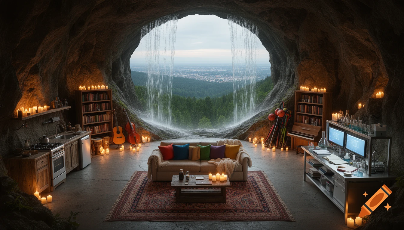A furnished cavern with a sofa, kitchen, instruments, and a lab setup, illuminated by candles, with a waterfall entrance overlooking a forest and distant city.