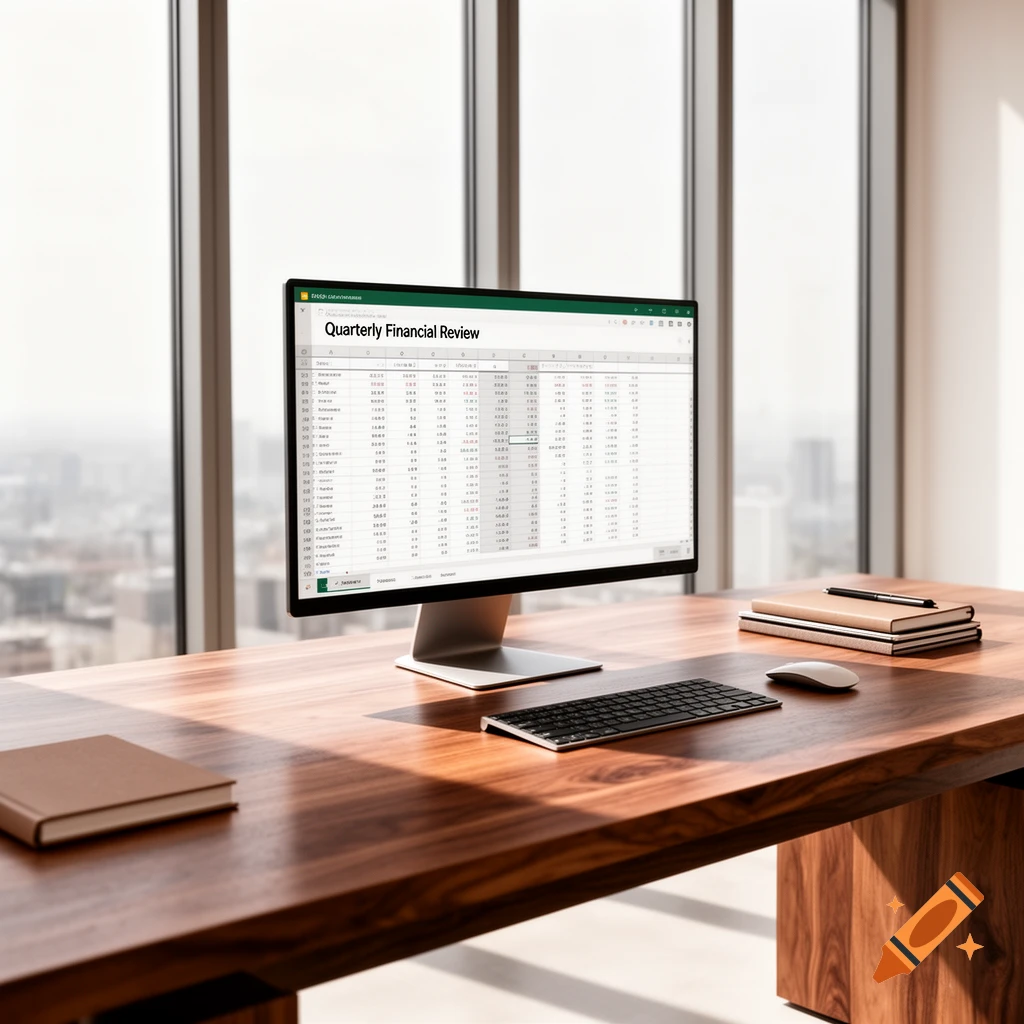 A clean wooden desk with a computer displaying a financial review spreadsheet in a modern office with large windows overlooking a city.