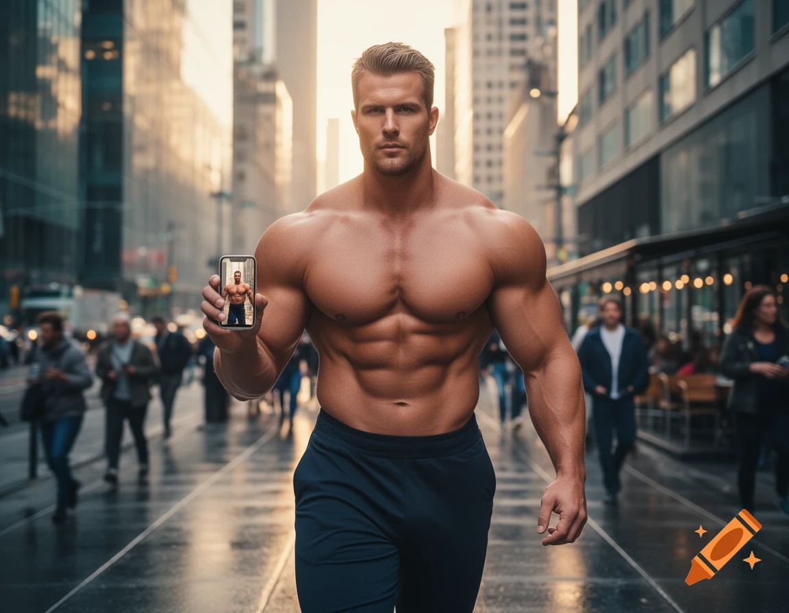 Muscular shirtless man walks on a city street, holding a smartphone showing his own image.