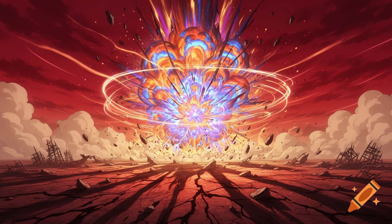 A vibrant, colorful anime explosion erupts over a cracked, desolate wasteland under a blood-red sky, with ruined structures in the distance.