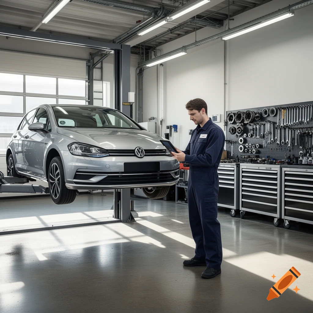 A male mechanic in a blue jumpsuit stands next to a silver Volkswagen car lifted in a clean car repair workshop, looking at a tablet.