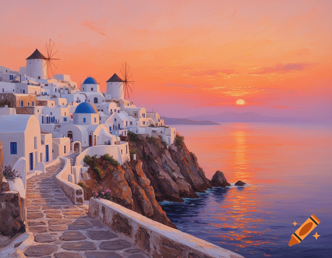 A whitewashed cliffside village with blue domes and windmills overlooks the sea at sunset, rendered in an oil painting style.