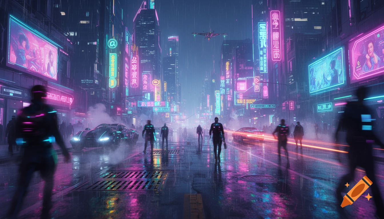 A vibrant cyberpunk city street at night, illuminated by numerous neon signs. Rain falls on the wet ground, reflecting the colorful lights as people and futuristic cars move through the misty urban landscape.