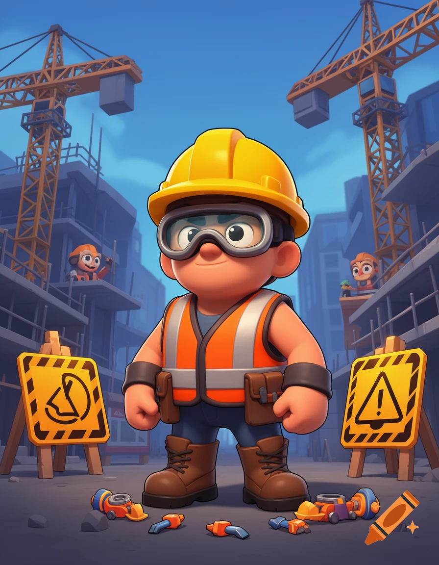 A vibrant cartoon construction worker wearing a yellow hard hat and safety vest stands on a construction site with cranes and buildings.