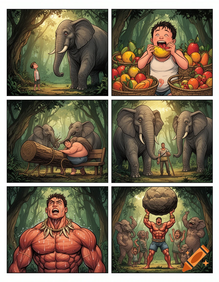 A 6-panel fantasy comic depicts a boy's transformation: from skinny child to obese teenager, then into a muscular man lifting a boulder, celebrated by elephants in a jungle.