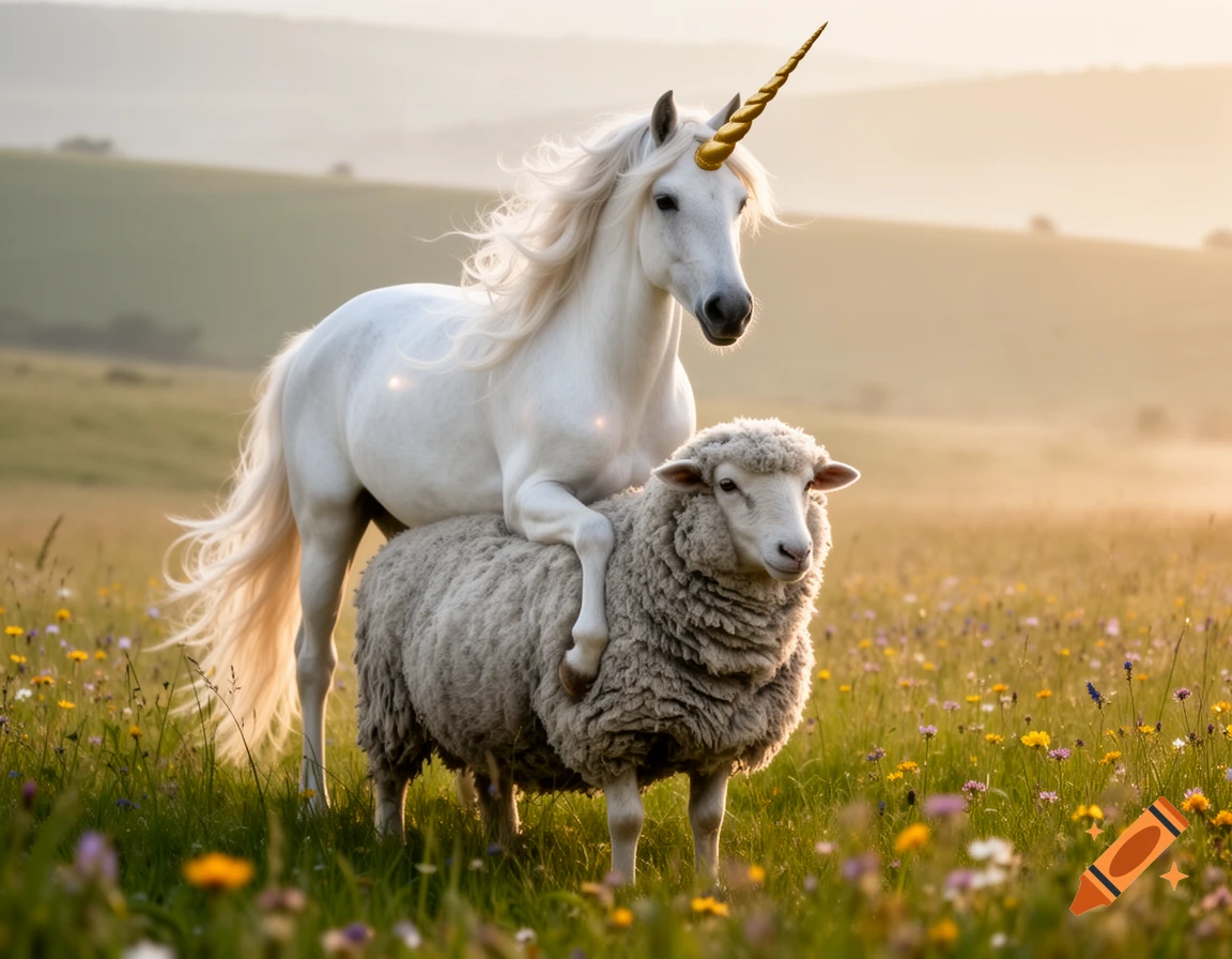 A white unicorn stands on the back of a sheep in a sunlit, grassy field filled with wildflowers.