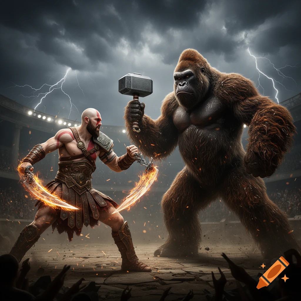 Photorealistic depiction of Kratos with fiery blades battling King Kong holding Thor's hammer in a stormy arena.