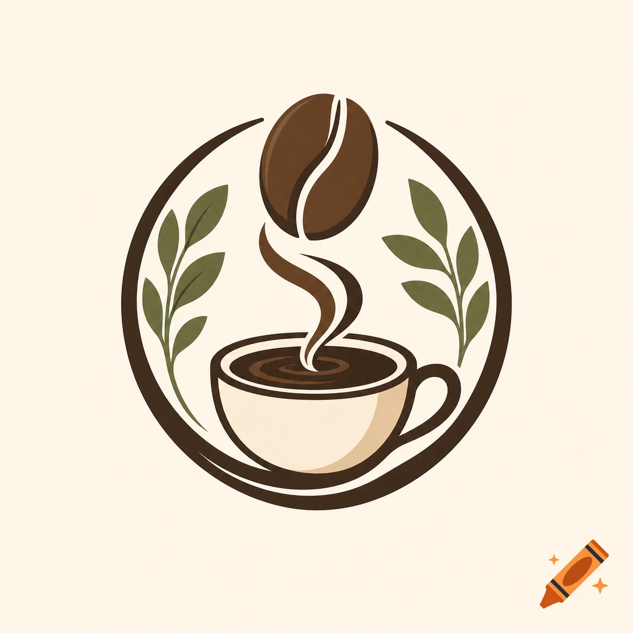 A stylized coffee logo featuring a coffee bean above a steaming cup, framed by green leaves within a circular brown border.