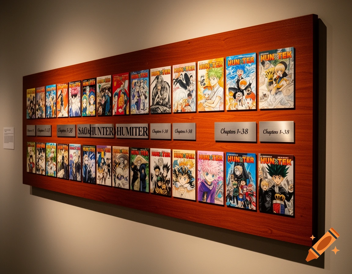A wooden display board featuring rows of Hunter x Hunter manga covers, with metal plaques indicating sagas and chapter ranges.