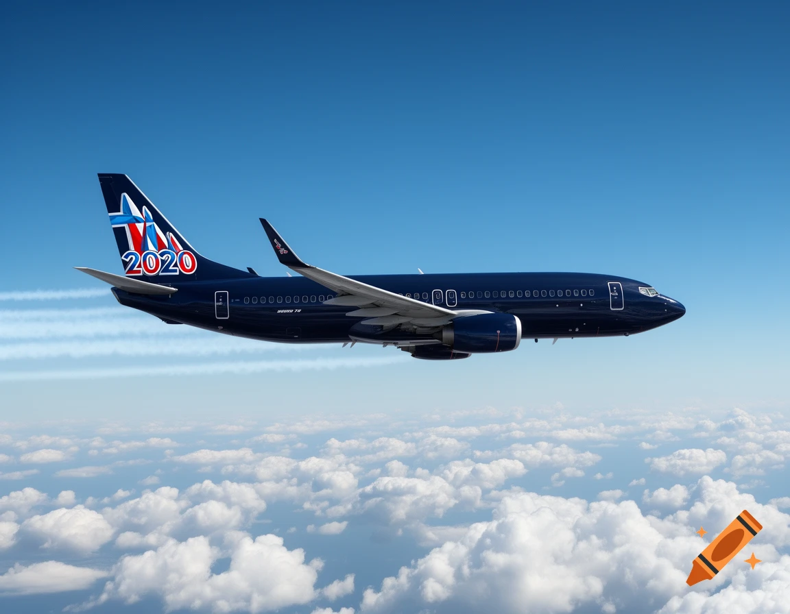 A navy blue Boeing 737 plane with the 2020 American Airlines logo on its tail, flying above clouds in a blue sky.