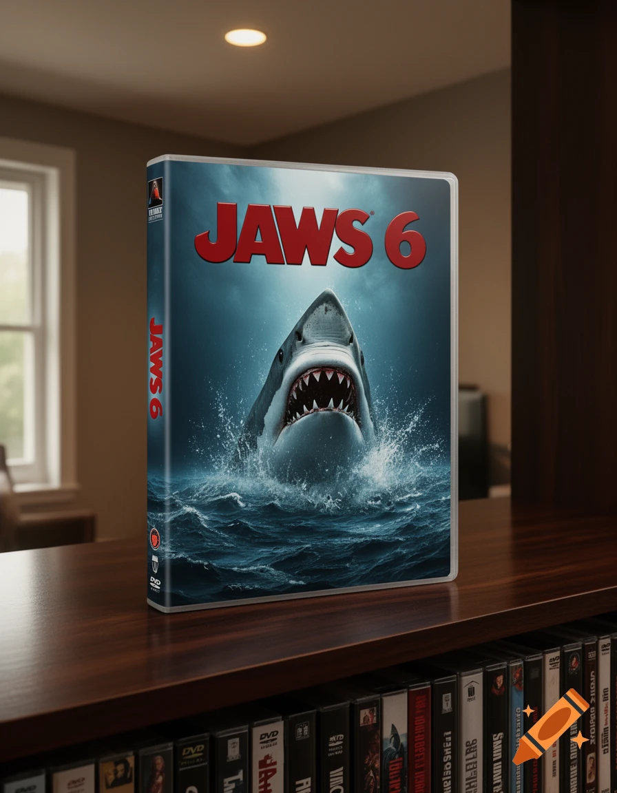 A photorealistic image of a "Jaws 6" DVD case with a shark emerging from water, standing on a wooden surface.