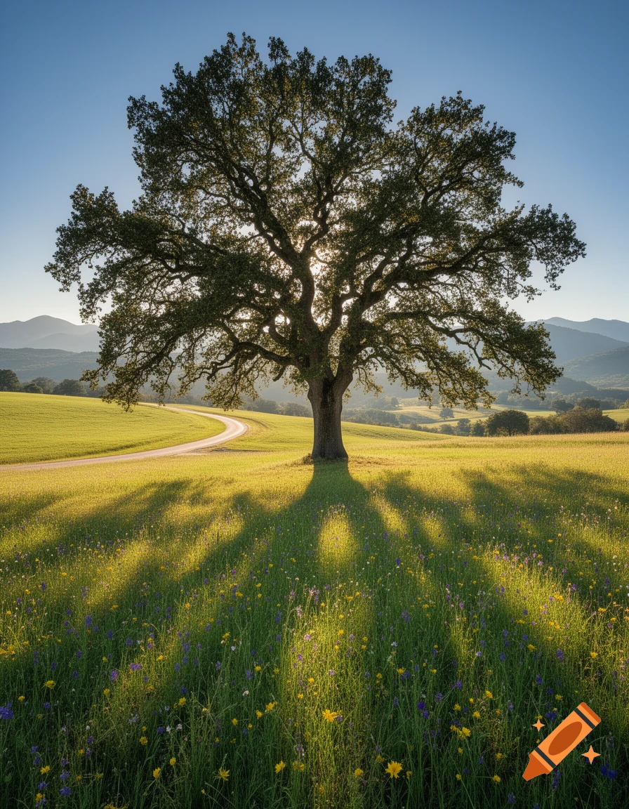 A majestic oak tree stands in a vibrant green meadow filled with wildflowers, casting long shadows across a winding dirt path, under a clear blue sky with distant hills.