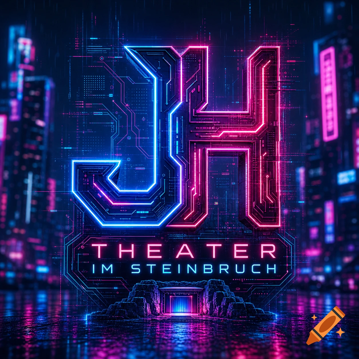 Cyberpunk-style neon logo with blue 'J' and pink 'H' above 'THEATER IM STEINBRUCH', set against a blurred futuristic city.