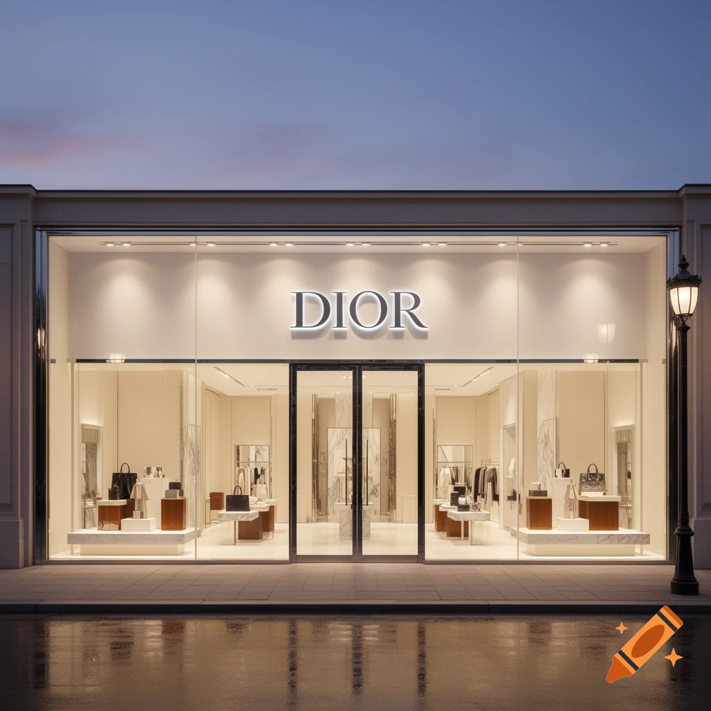 A photorealistic Dior luxury store facade at dusk, with illuminated windows displaying merchandise and wet ground reflecting lights.