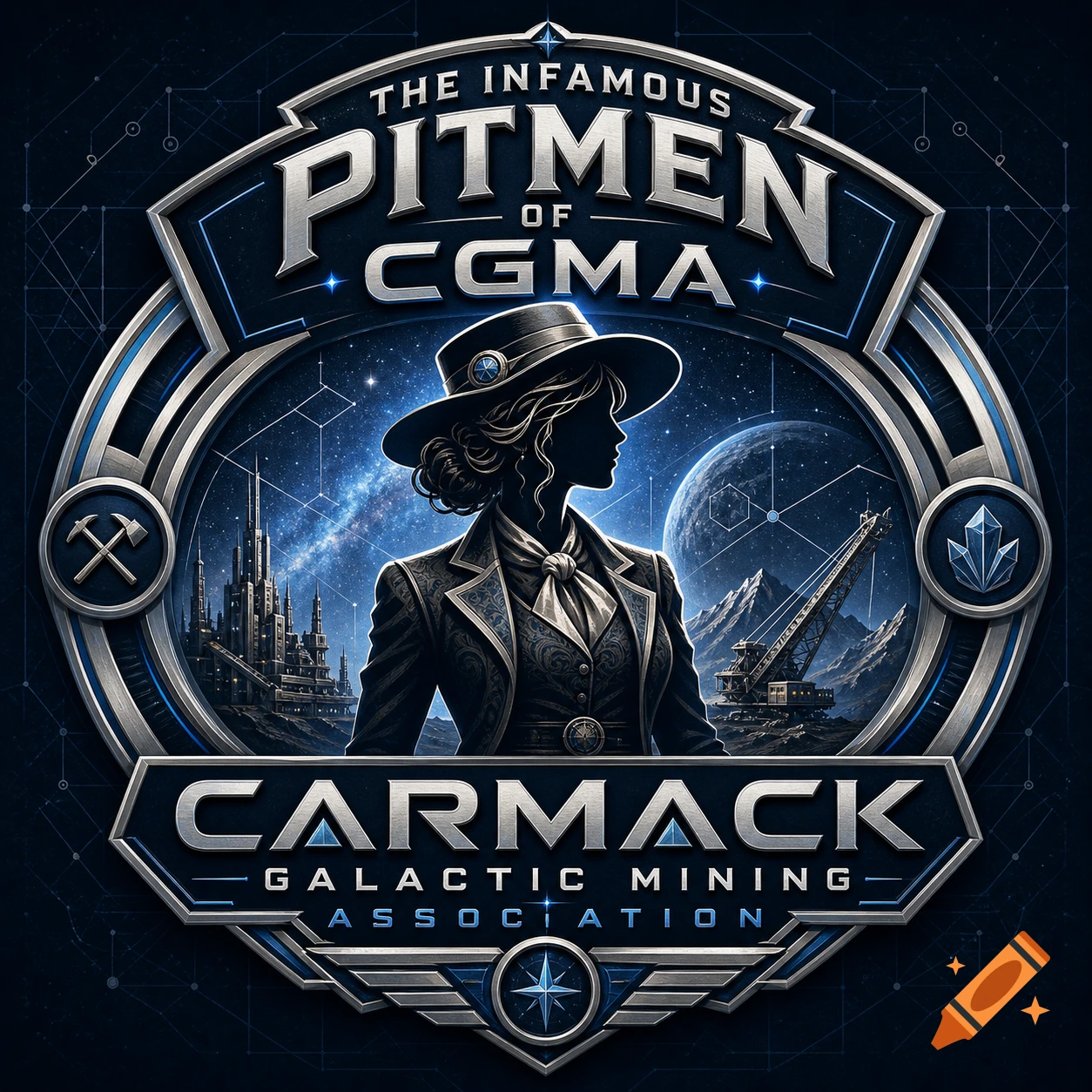A futuristic blue and silver logo for Carmack Galactic Mining Association featuring a woman's silhouette, planets, a city, and mining equipment.