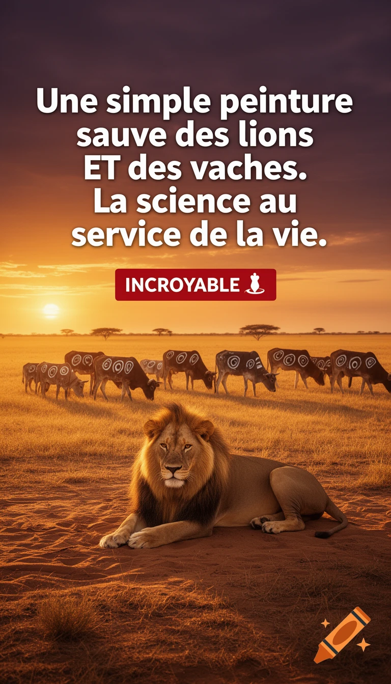 A majestic lion lies in a sunlit savanna at sunset, with a herd of cattle with painted eye-spots grazing in the background, under a vibrant orange sky. French text overlays the scene.