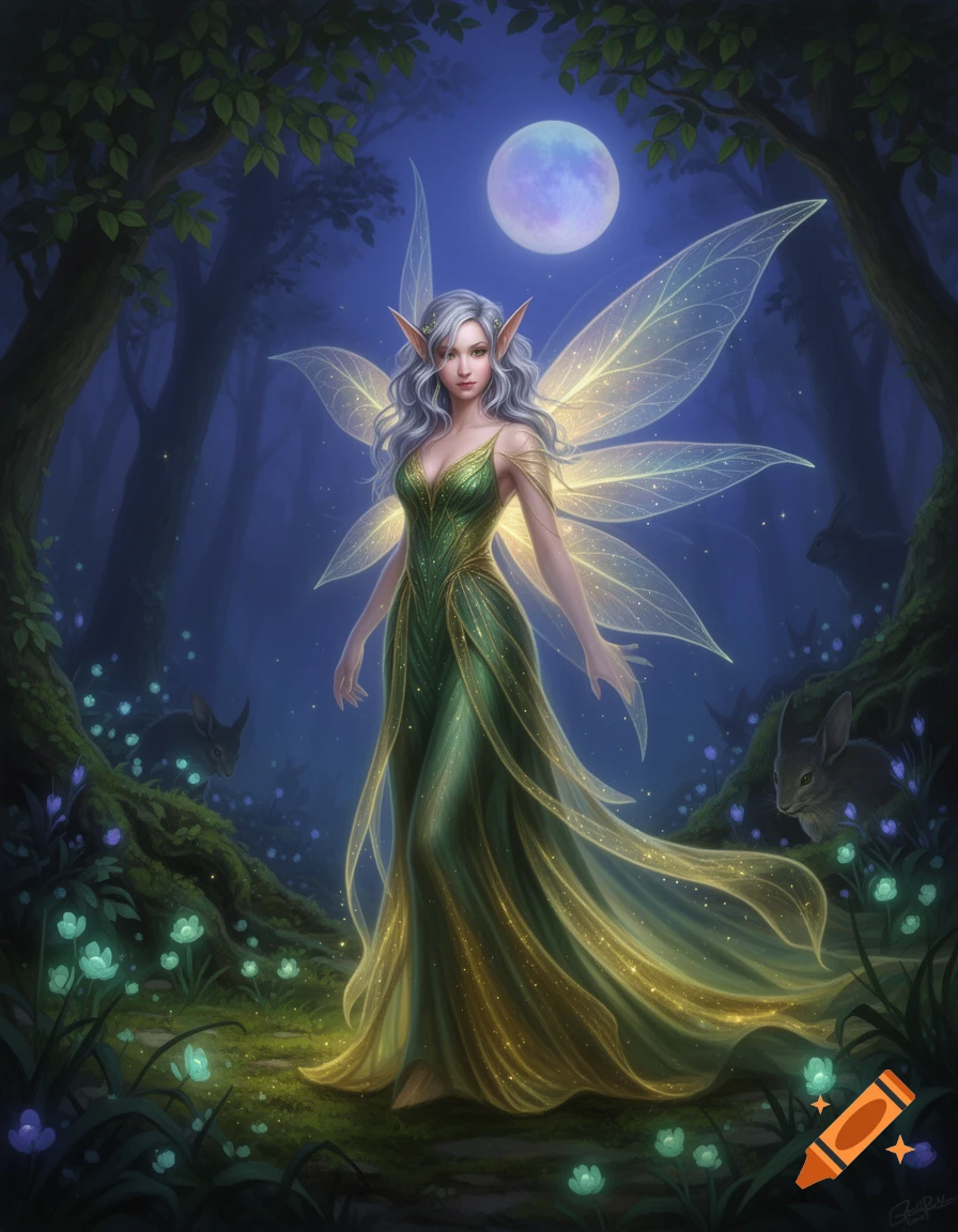 A beautiful fairy with silver hair, pointed ears, and glowing translucent wings in a flowing green and gold gown stands in a moonlit enchanted forest with glowing flowers and rabbits.