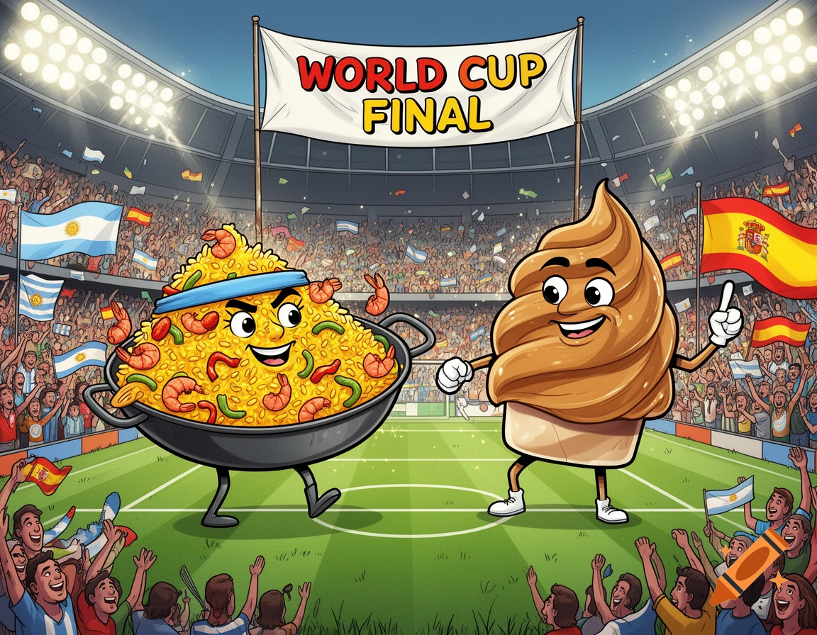 Cartoon paella and ice cream characters play soccer in a World Cup final stadium with cheering crowds and national flags.