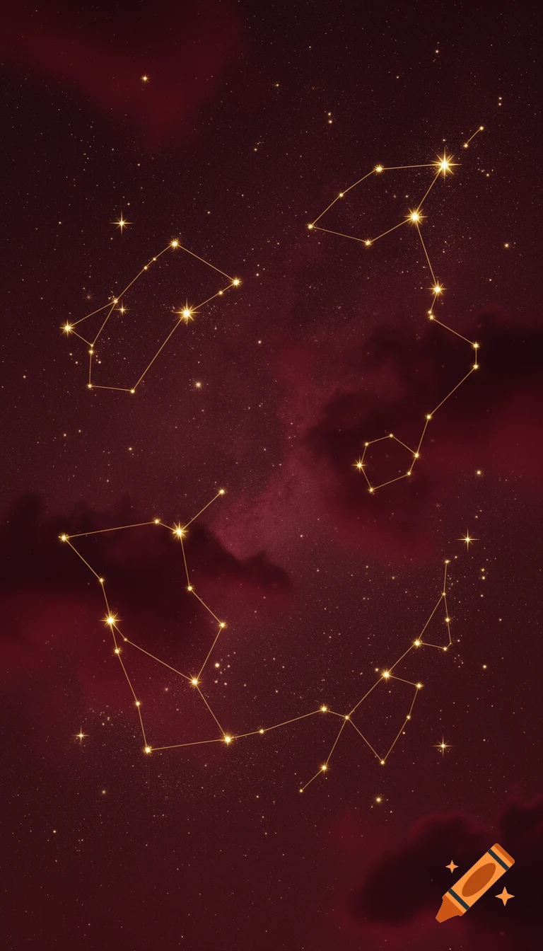 Golden constellations with delicate lines against a deep burgundy and dark red night sky with subtle nebula clouds and scattered stars.
