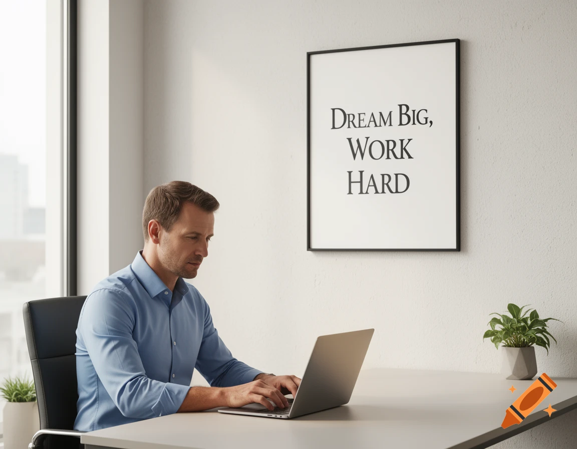 A man works on a laptop at an office desk, with a 'Dream Big, Work Hard' poster on the wall and a potted plant.