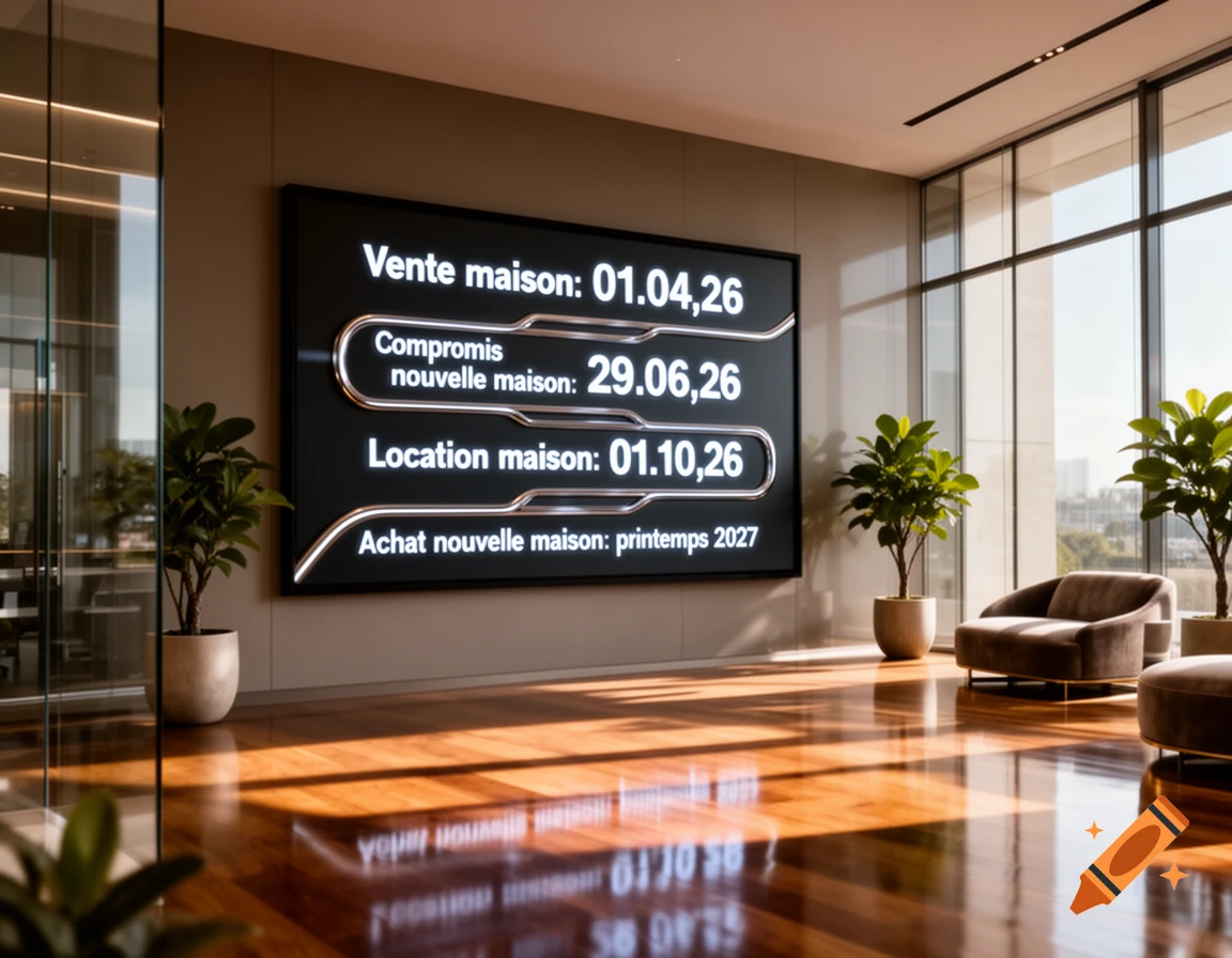 A modern office lobby with a large display screen showing real estate transaction dates, potted plants, and seating under natural light.
