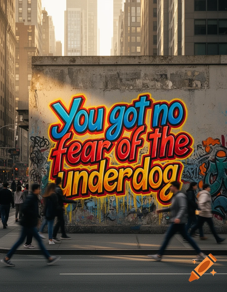 Colorful graffiti 'You got no fear of the underdog' on a concrete wall in a city street with blurred people and buildings.