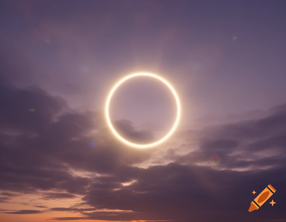 A bright, glowing golden ring in a purple and orange cloudy sky, resembling a solar eclipse.